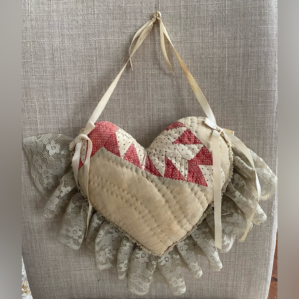 Vintage Cottage Quilted Heart Pillow Lace Trim